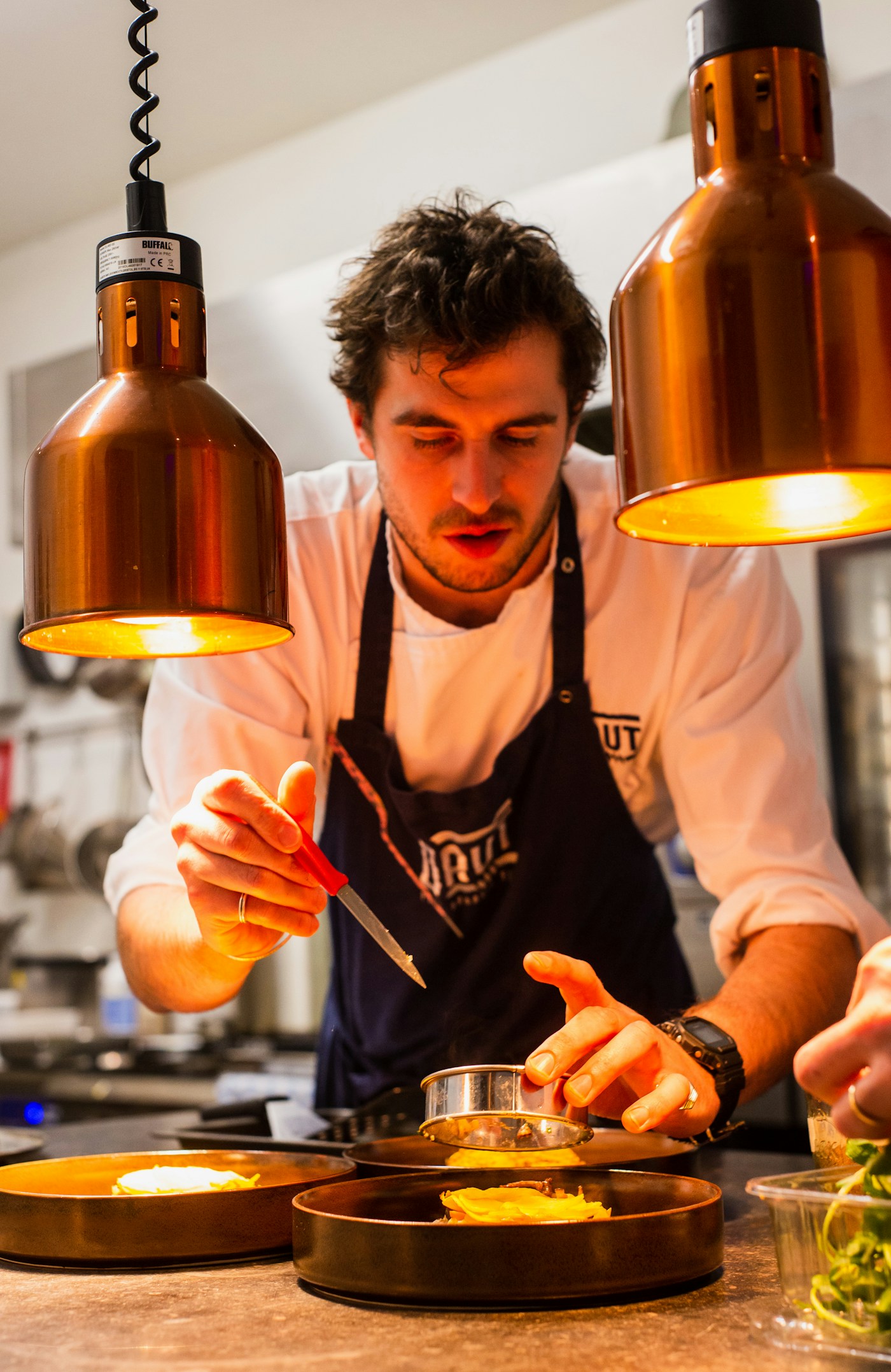 Chef preparing a seasonal dish in the restaurant kitchen